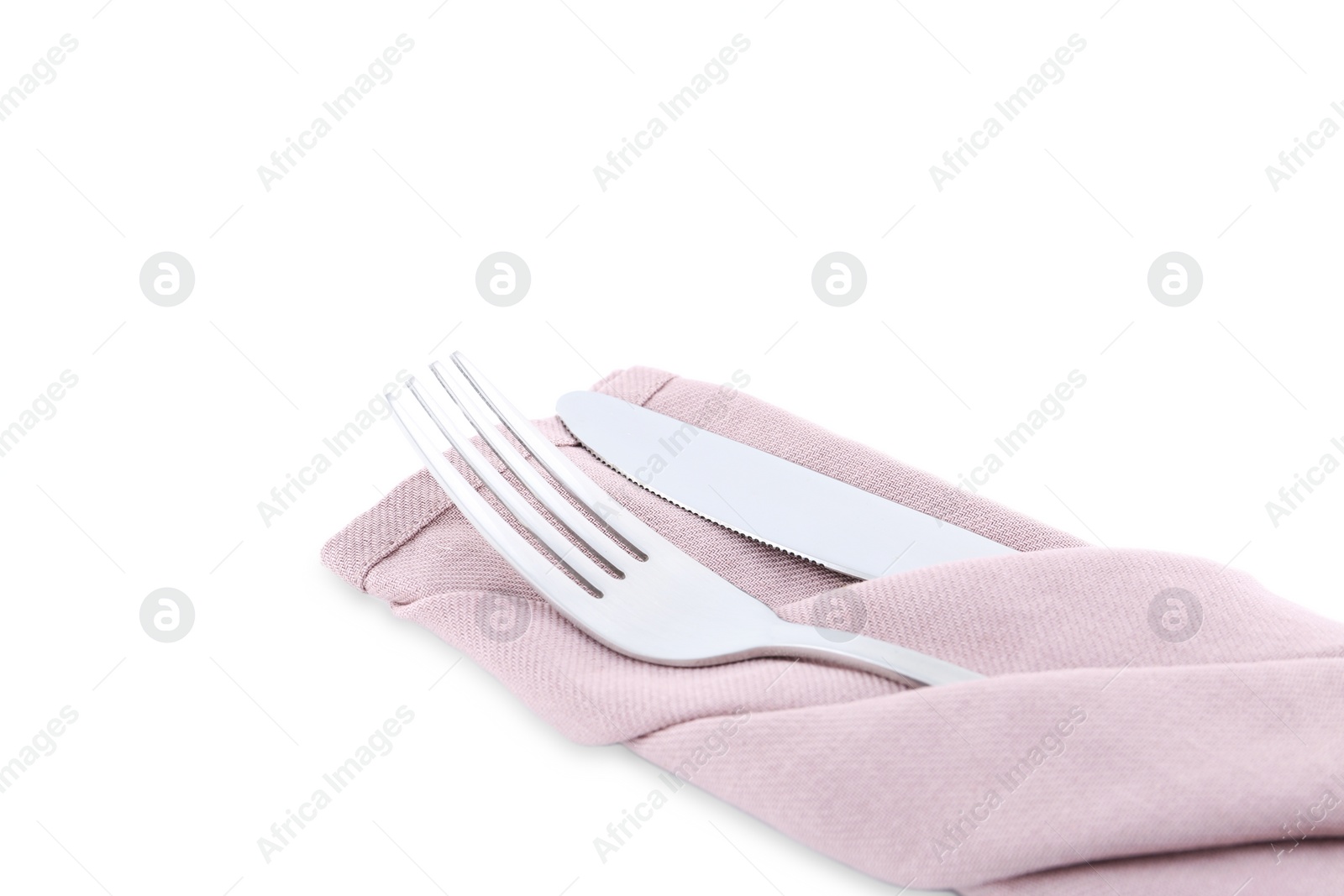 Photo of Stylish shiny cutlery set isolated on white