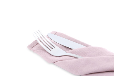 Stylish shiny cutlery set isolated on white