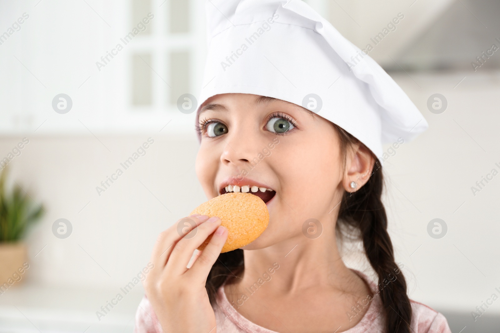 Photo of Cute little girl wearing chef hat eating cookies in kitchen