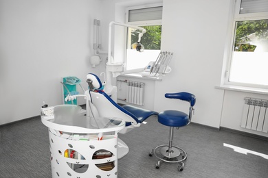 Photo of Dentist's office interior with modern chair and equipment