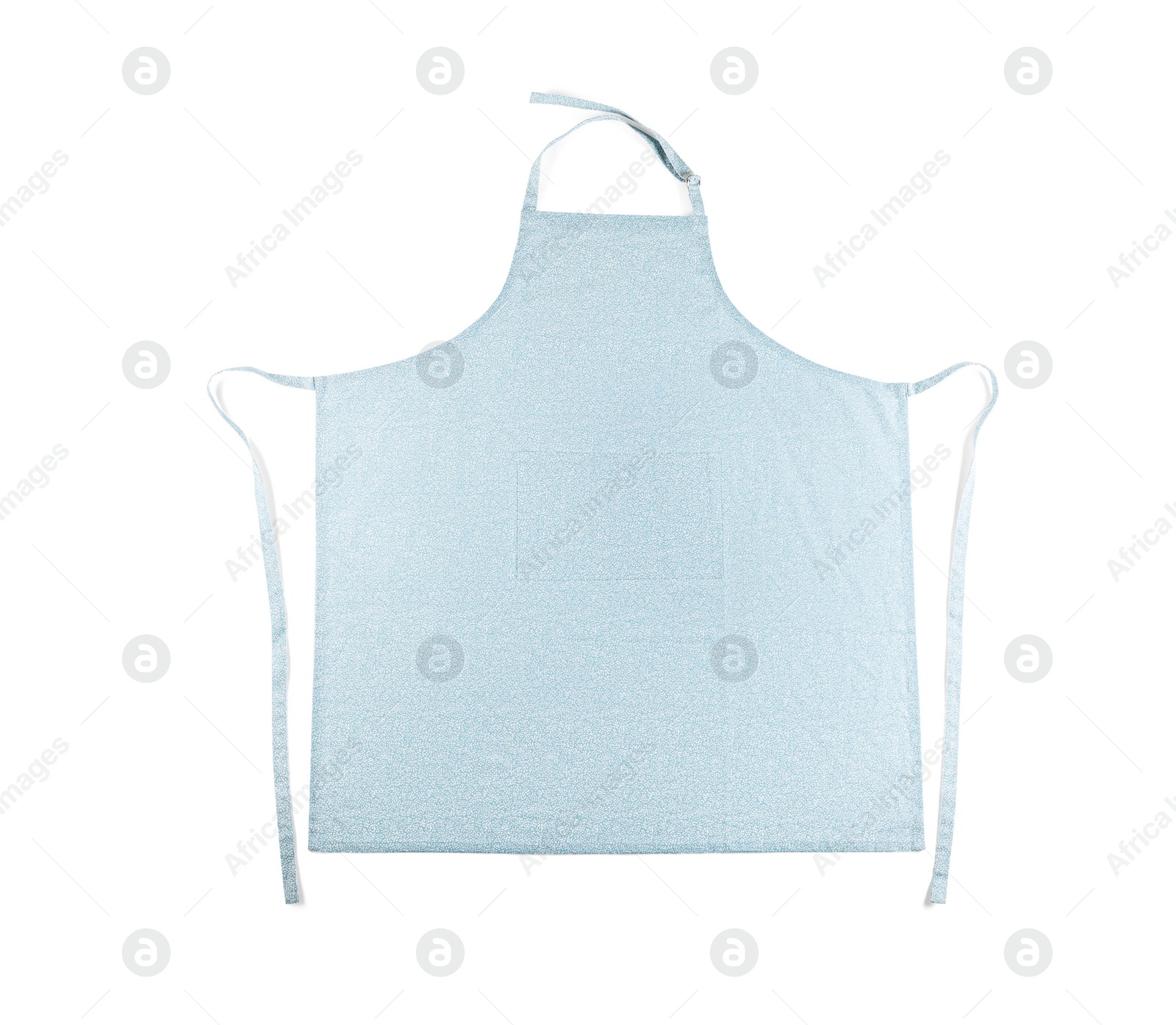 Photo of Light blue apron with pattern isolated on white, top view