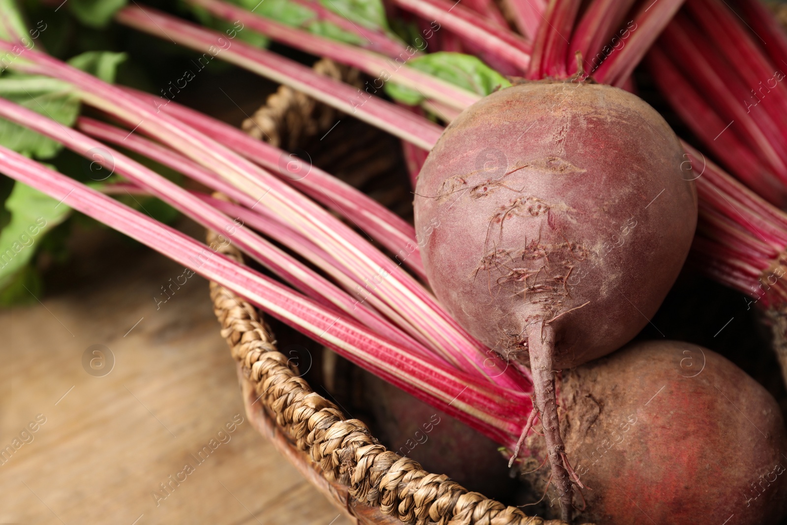 Photo of Raw ripe beets in wicker bowl on table, closeup