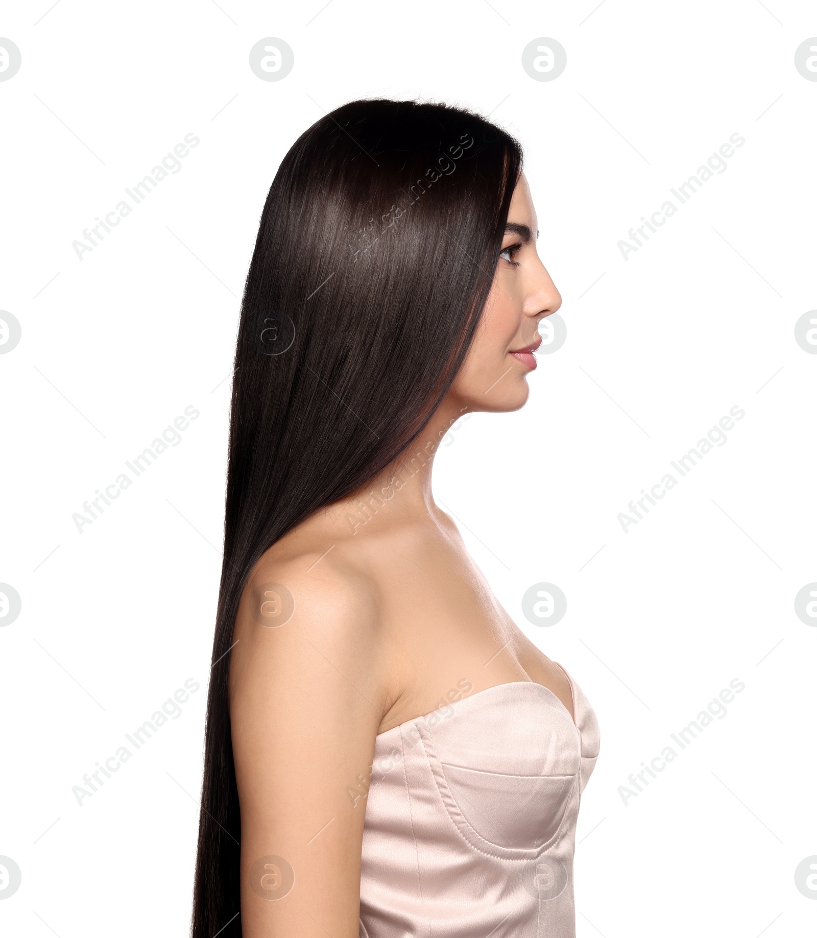Photo of Beautiful young woman with healthy strong hair on white background