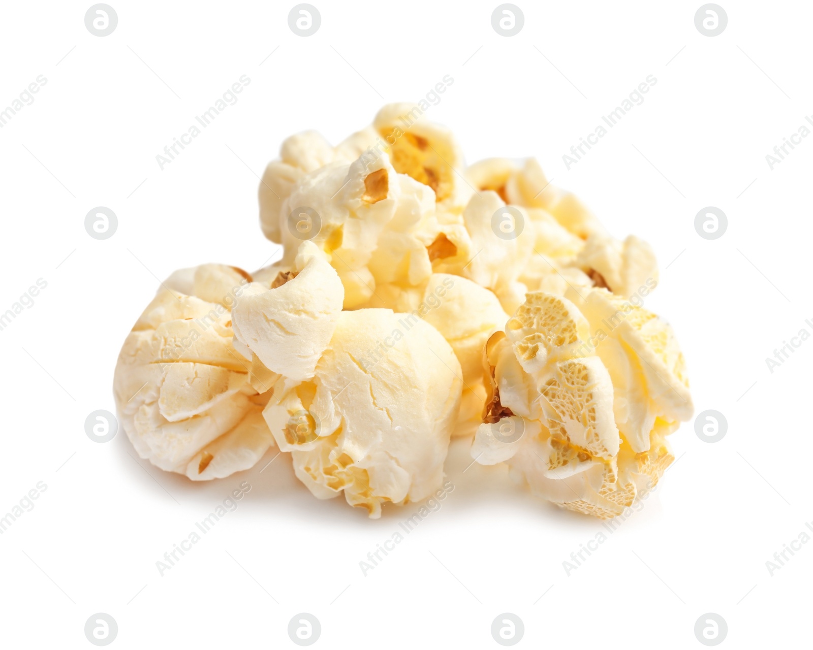 Photo of Tasty fresh popcorn on white background, closeup