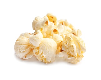 Tasty fresh popcorn on white background, closeup