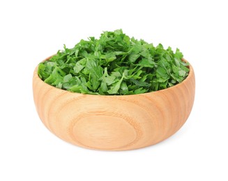 Photo of Chopped parsley leaves in wooden bowl isolated on white