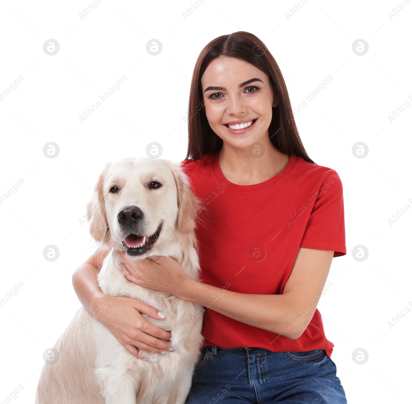 Photo of Young woman and her Golden Retriever dog on white background