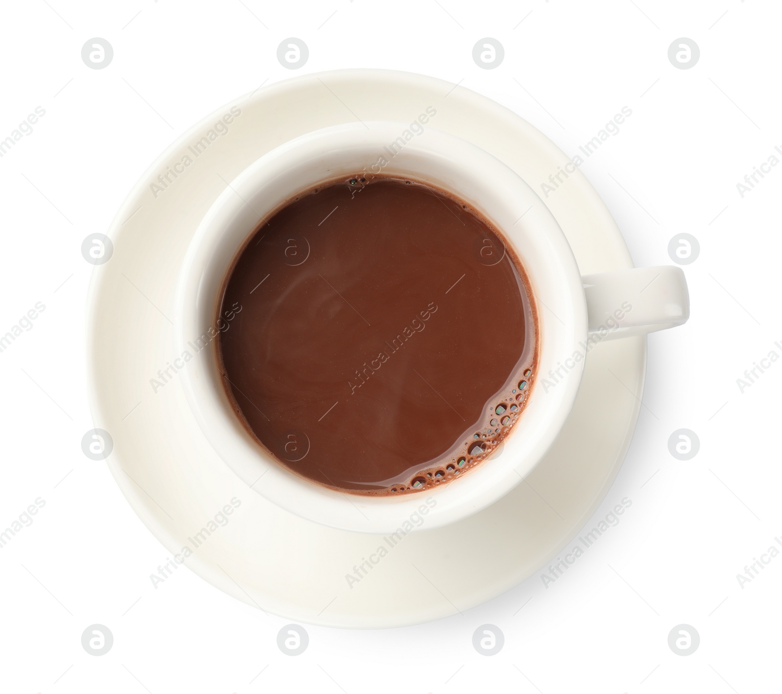 Photo of Tasty hot chocolate in cup isolated on white, top view