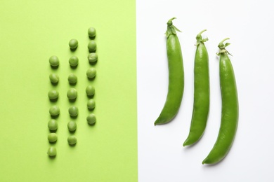 Photo of Flat lay composition with fresh peas on color background