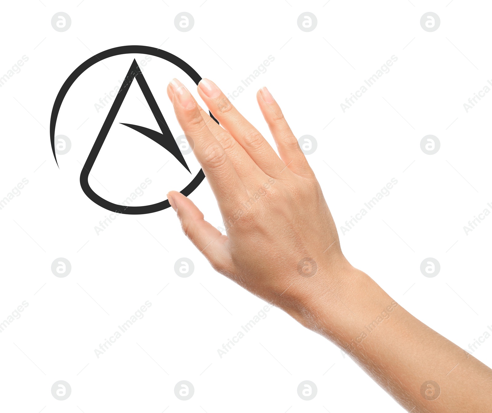 Image of Woman touching atheism sign on white background, closeup