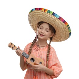 Photo of Cute girl in Mexican sombrero hat playing ukulele on white background