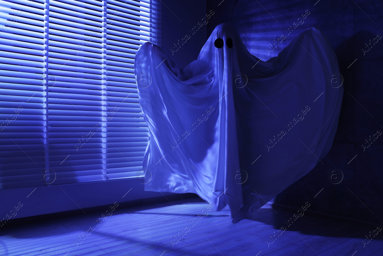 Photo of Creepy ghost. Woman covered with sheet near window in blue light