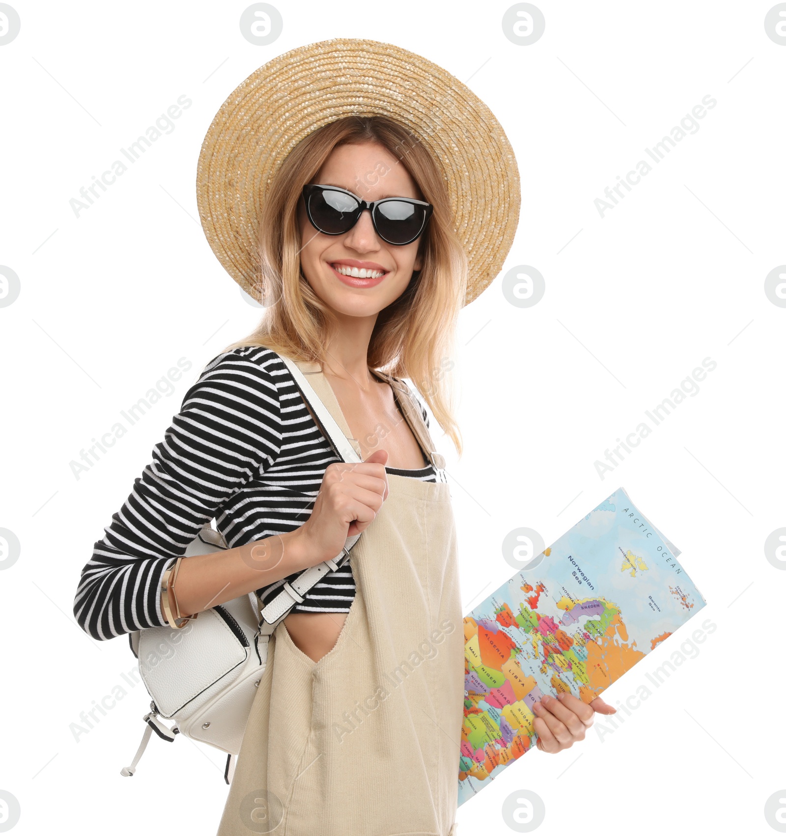 Photo of Woman with map on white background. Summer travel