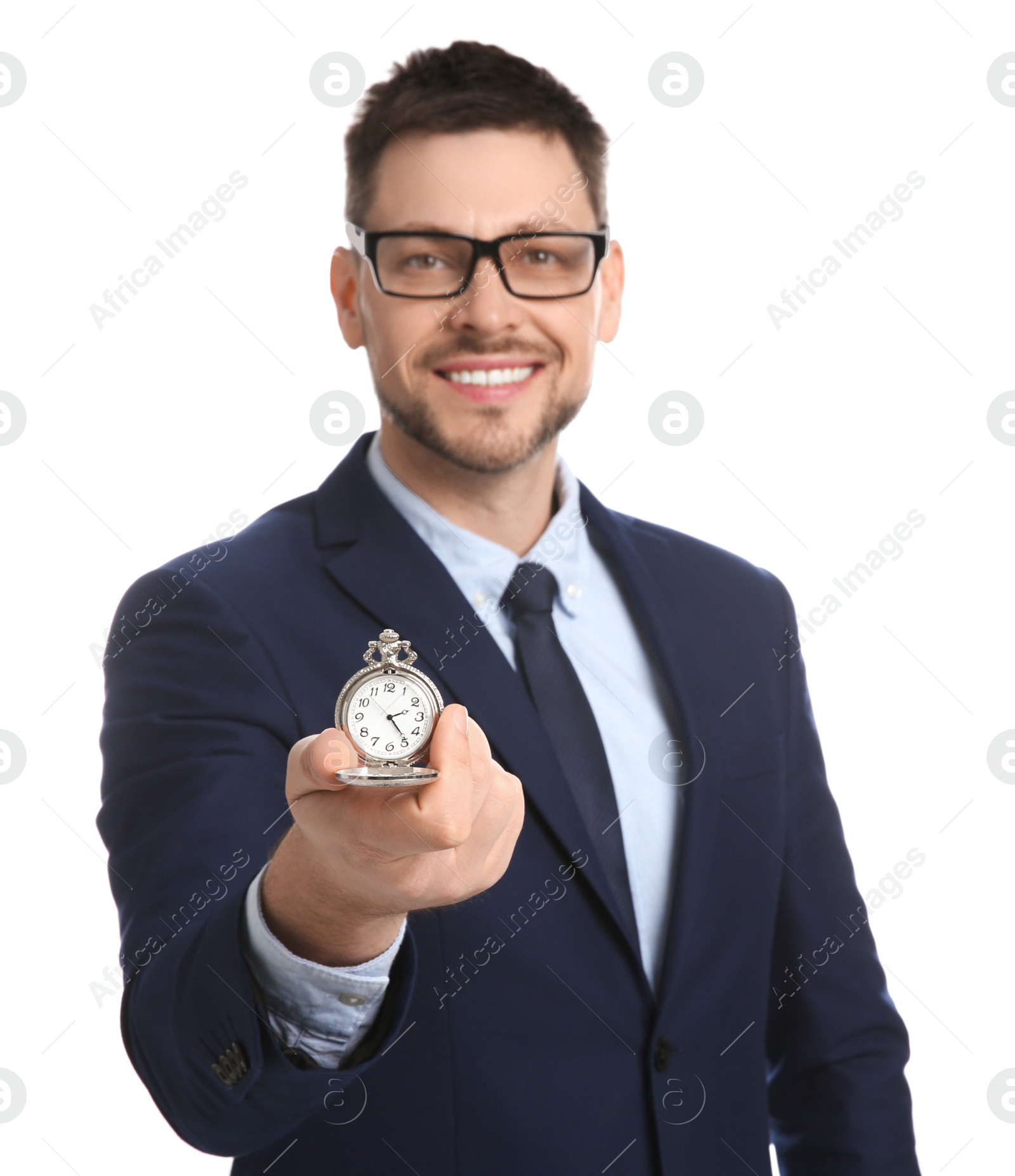 Photo of Happy businessman holding pocket watch on white background. Time management
