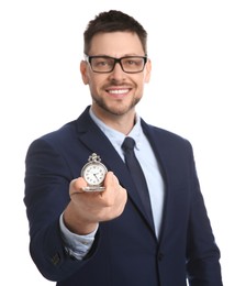 Happy businessman holding pocket watch on white background. Time management