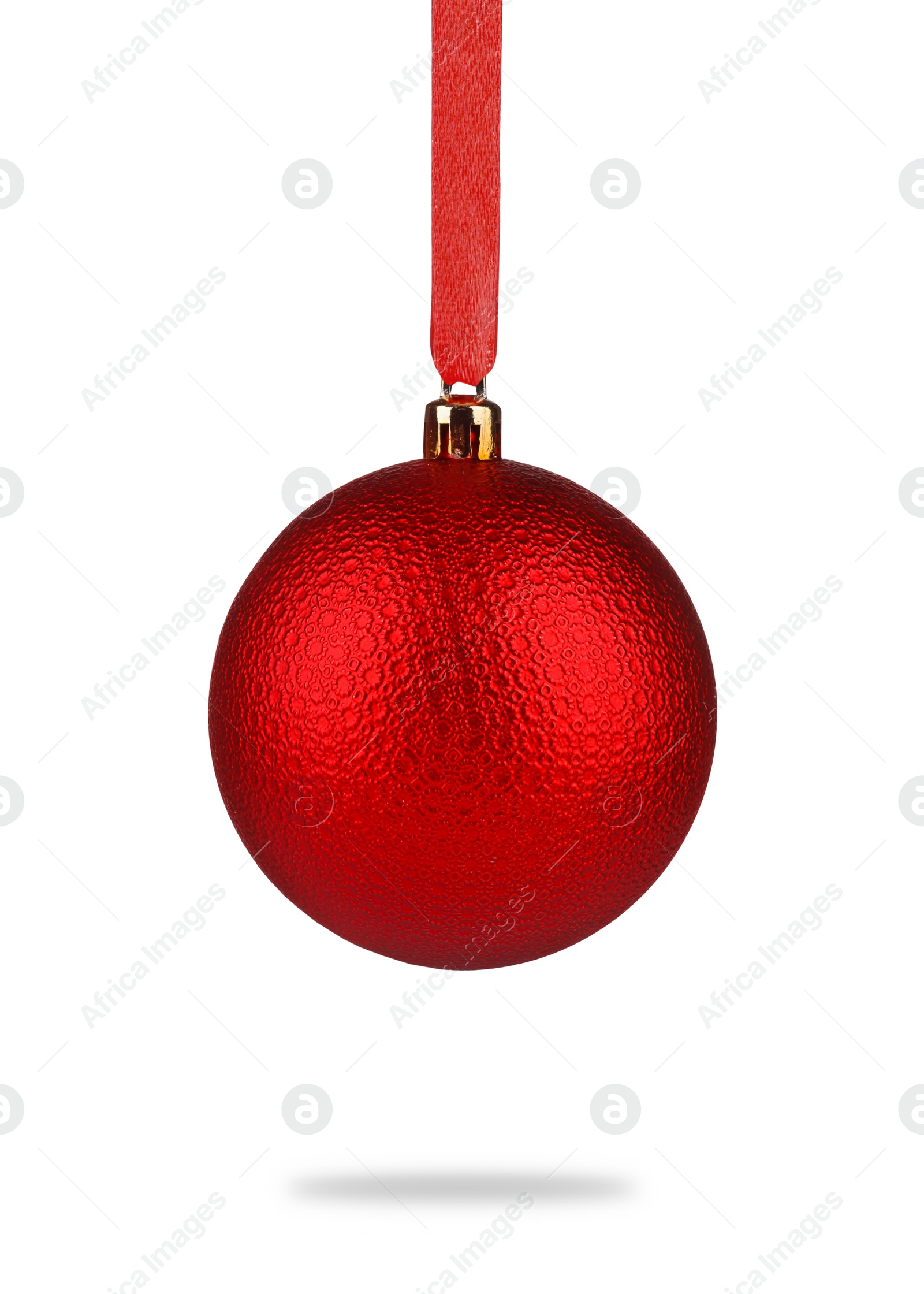 Image of Beautiful red Christmas ball hanging on white background