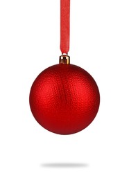 Image of Beautiful red Christmas ball hanging on white background