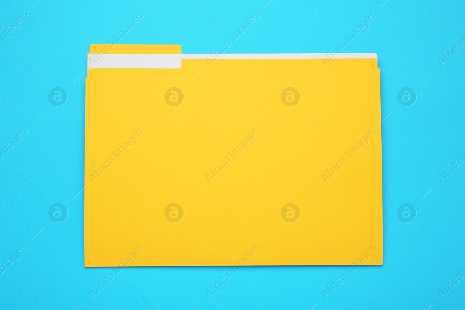 Photo of Yellow file with documents on turquoise background, top view 