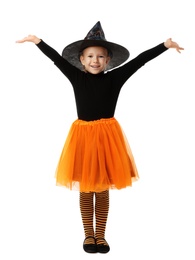 Cute little girl wearing Halloween costume on white background