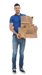 Photo of Courier with damaged cardboard boxes on white background. Poor quality delivery service