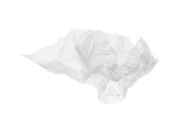 Photo of Used crumpled paper tissue isolated on white, top view