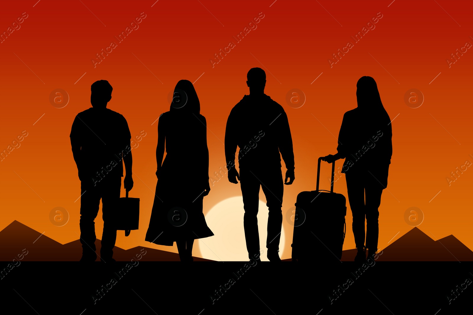 Image of Immigration. Silhouettes of people walking outdoors at sunset, illustration