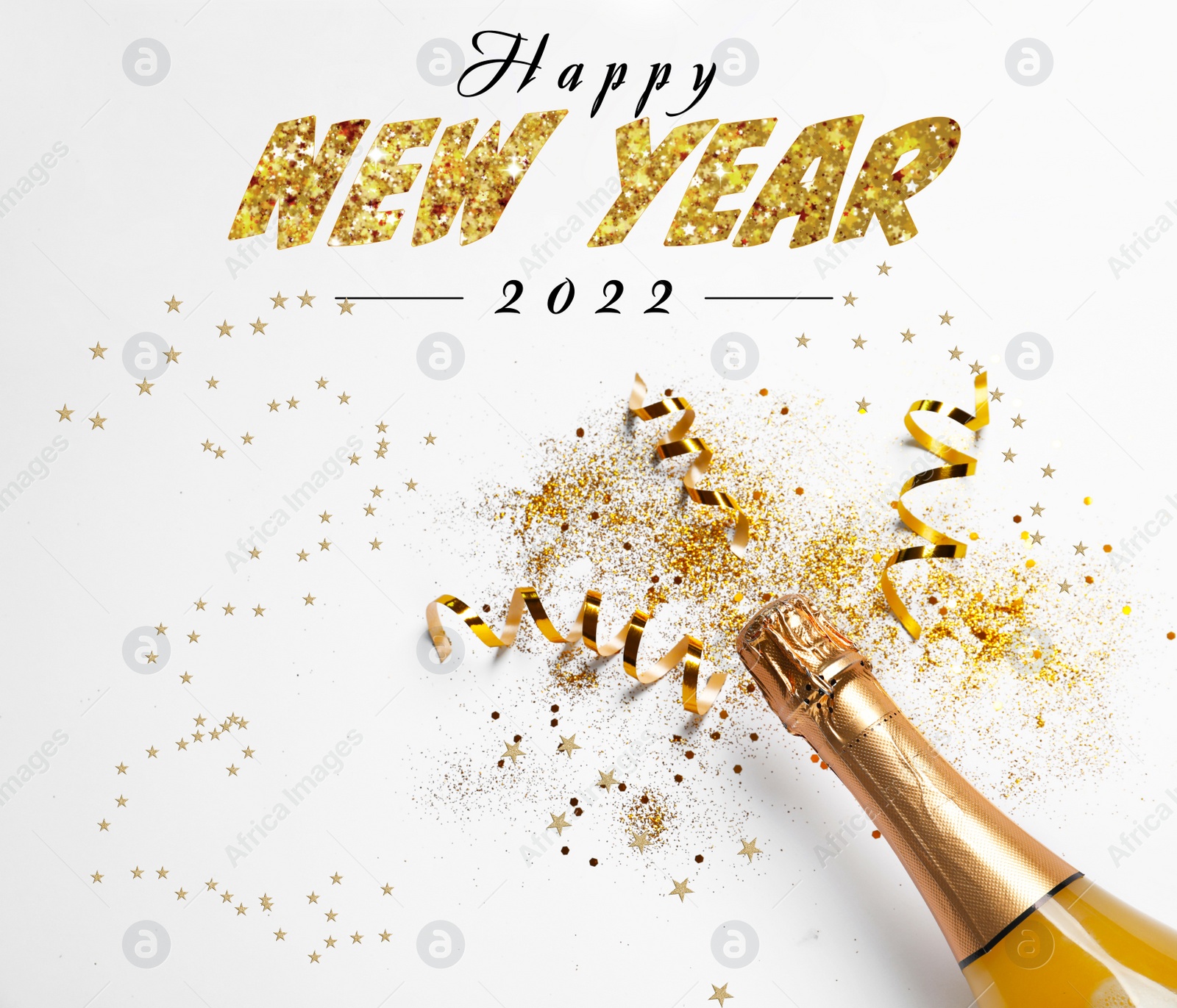 Image of Happy New 2022 Year! Bottle of sparkling wine with gold glitter and confetti on white background, top view