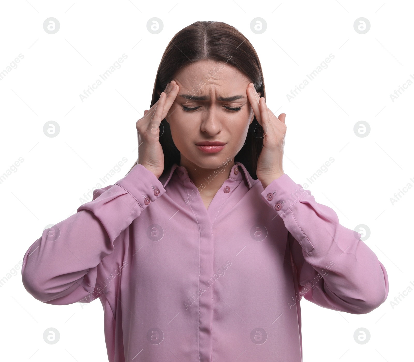 Photo of Woman suffering from headache on white background. Cold symptoms