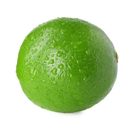 Photo of Fresh green ripe lime with water drops isolated on white