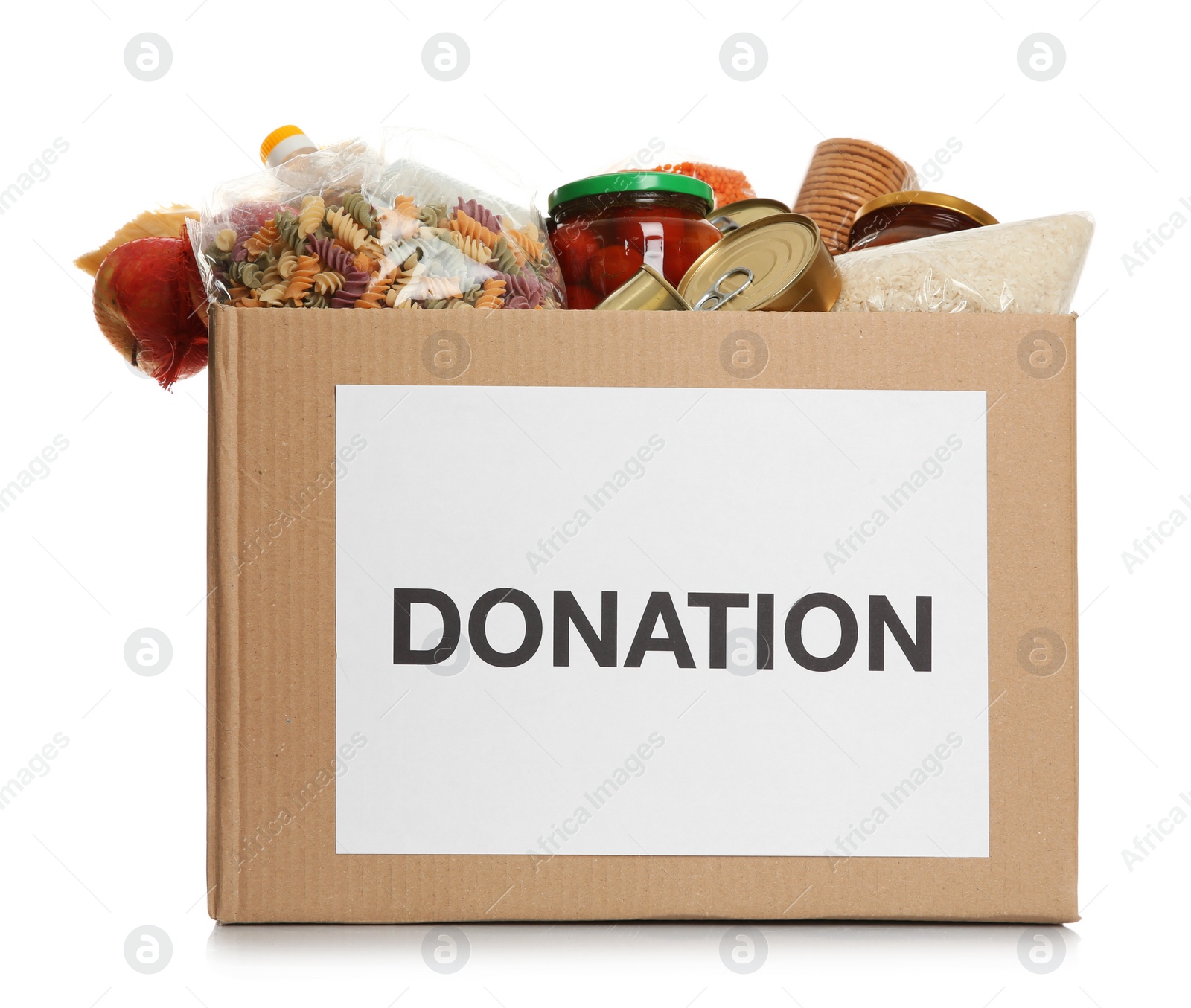 Photo of Donation box full of different products on white background