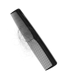 Photo of Comb with lost hair isolated on white, top view