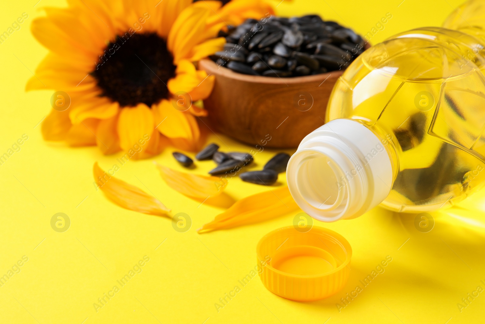 Photo of Bottle of cooking oil, sunflower and seeds on yellow background, closeup