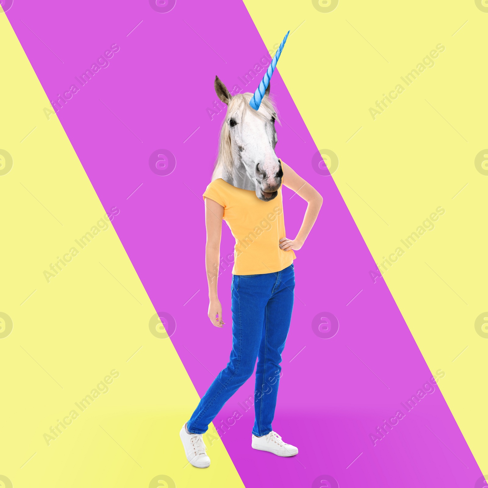 Image of Modern art collage. Woman with unicorn's head on color background