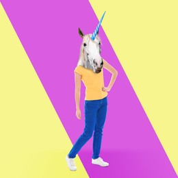 Modern art collage. Woman with unicorn's head on color background