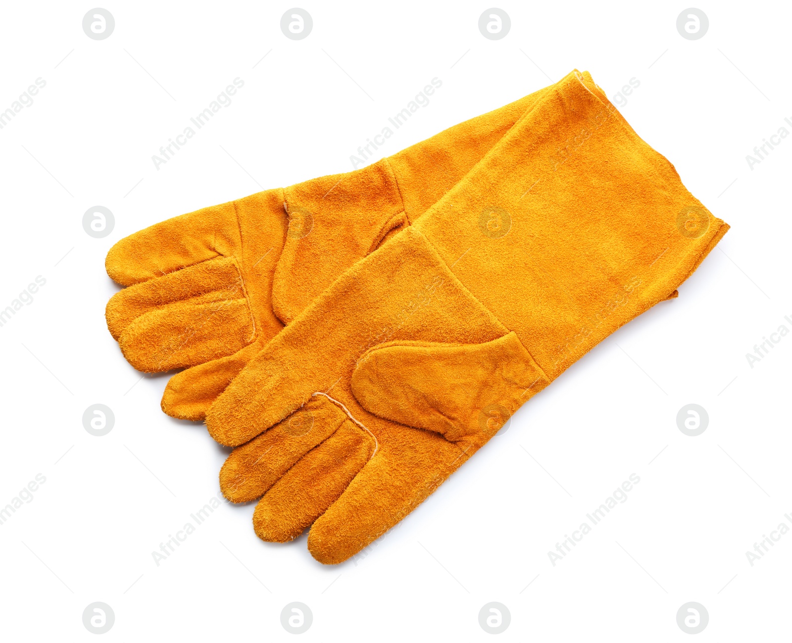 Photo of Protective gloves isolated on white, top view. Construction tools