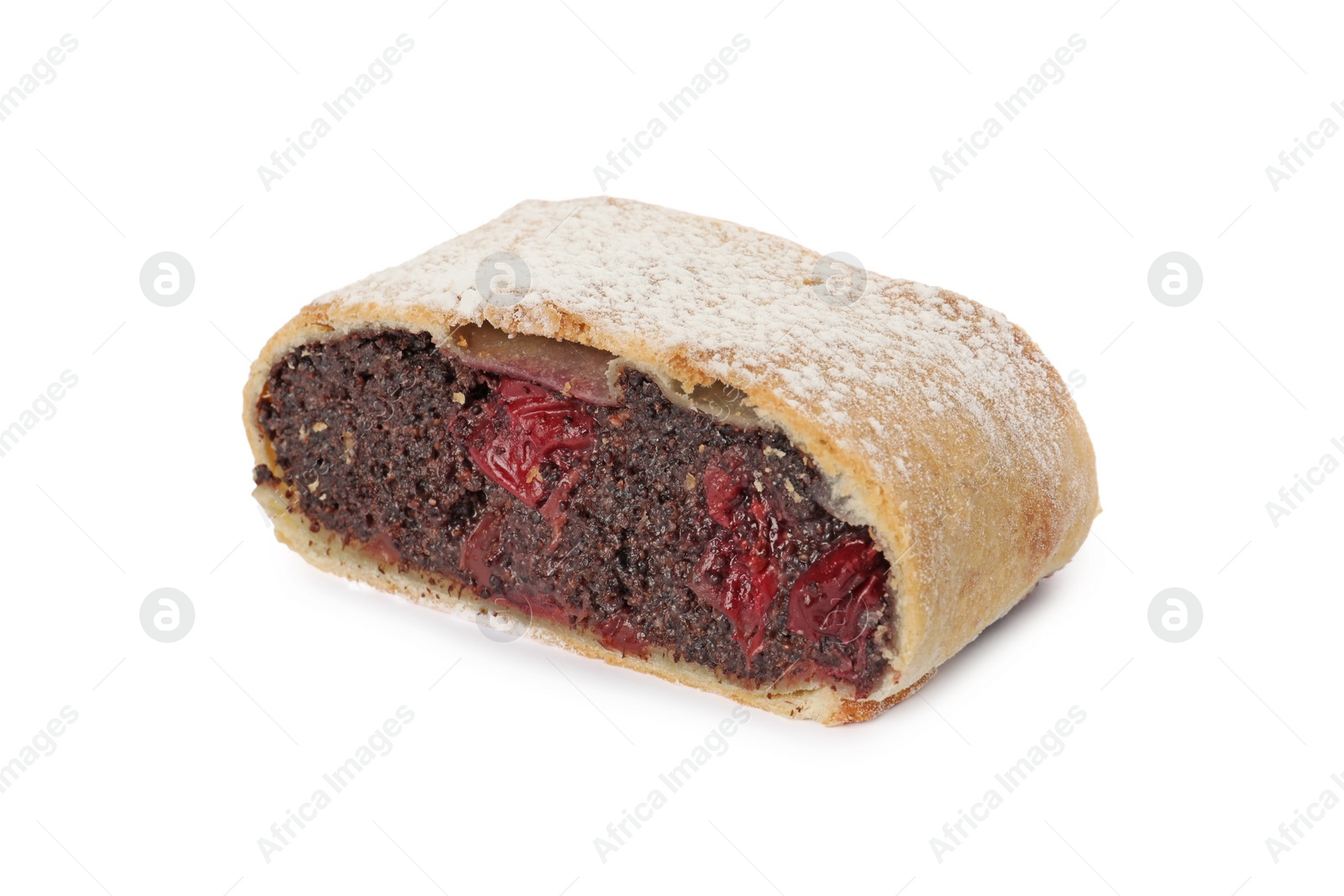 Photo of Delicious cut strudel with cherries and poppy seeds isolated on white