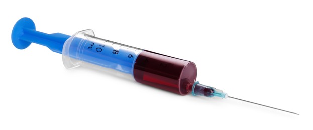 Plastic syringe with blood isolated on white