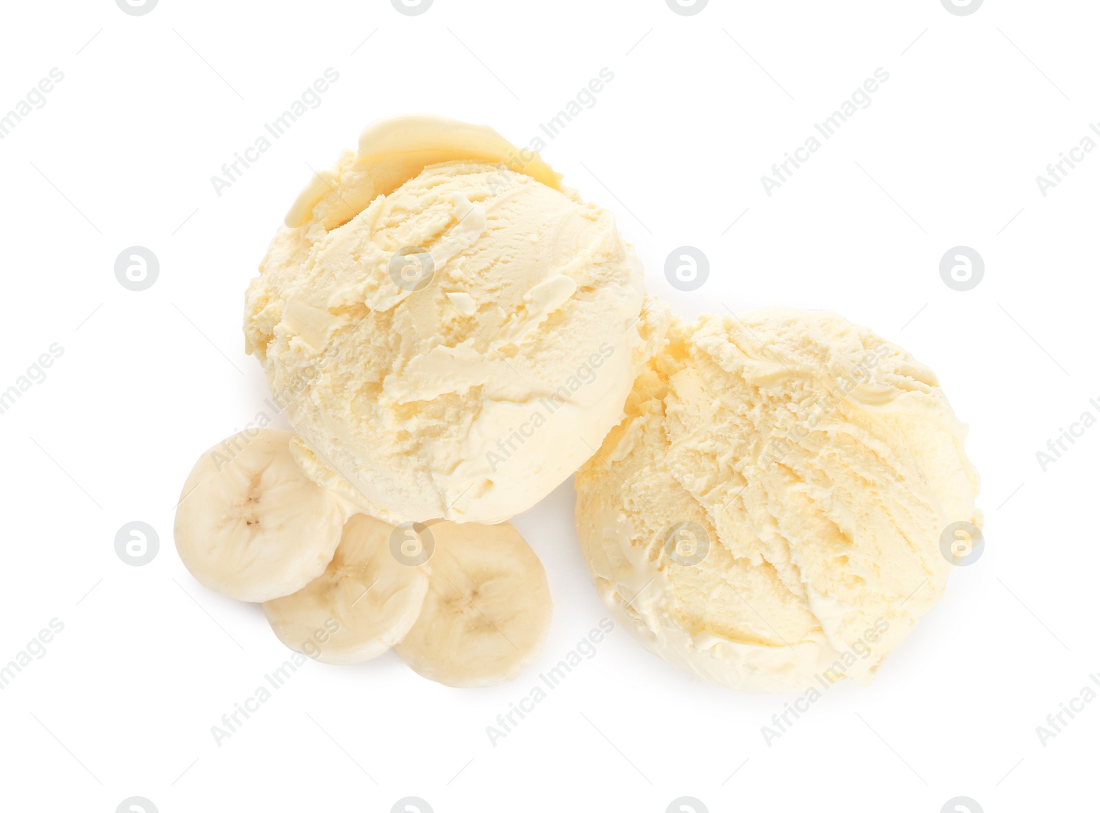 Photo of Delicious banana ice cream and fresh fruit on white background, top view