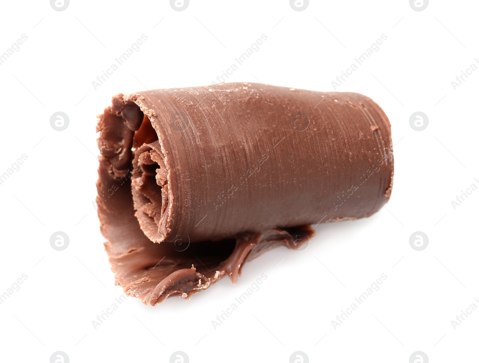 Photo of Curl of tasty chocolate on white background