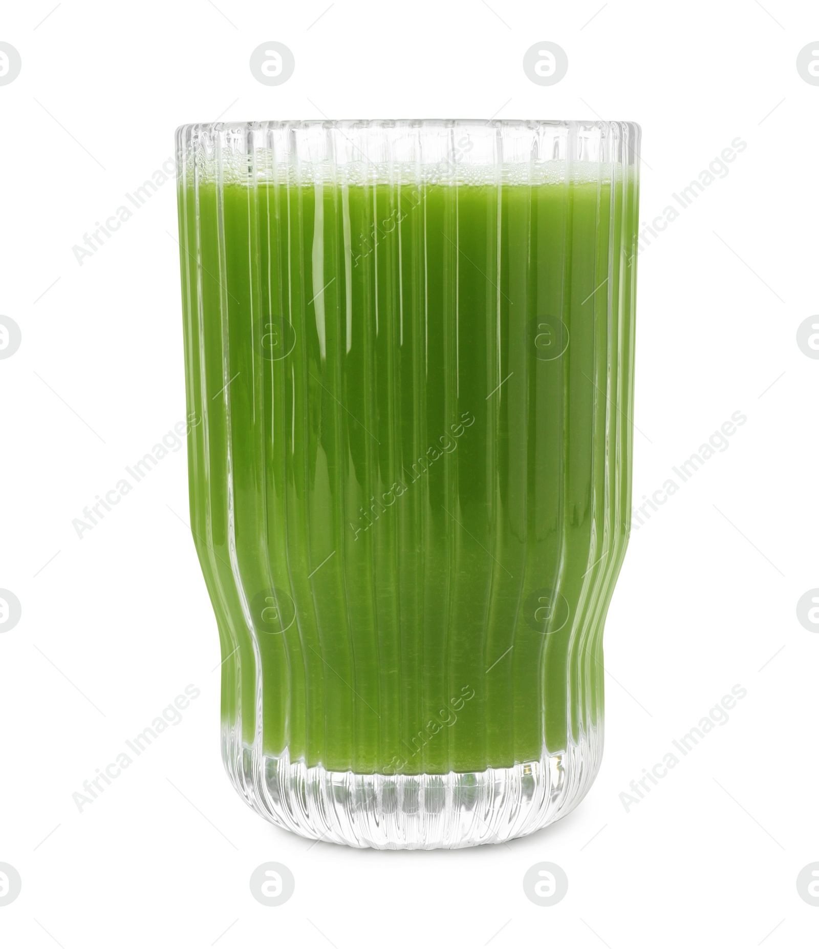 Photo of Glass of fresh celery juice on white background