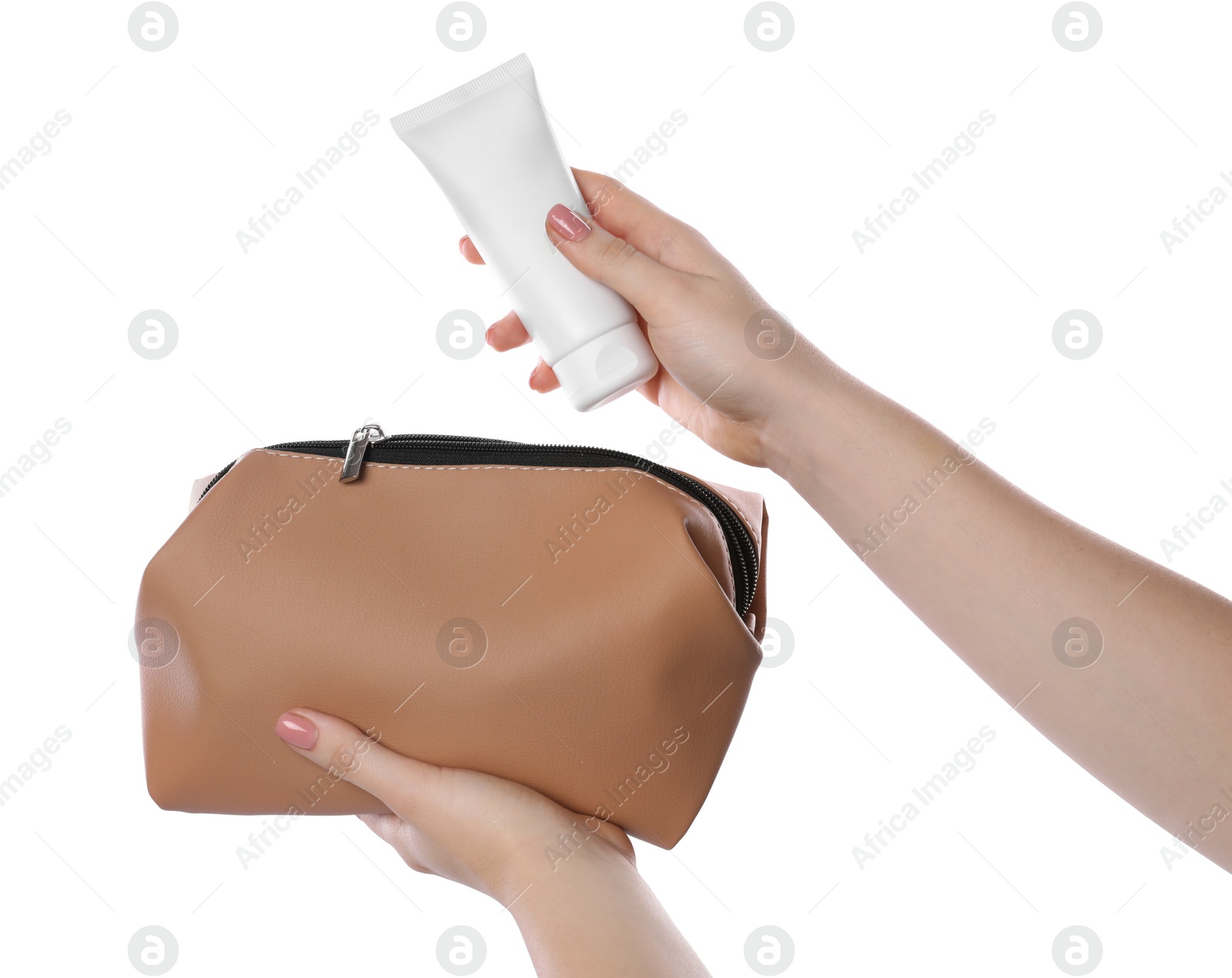 Photo of Woman with cosmetic bag and tube of makeup product isolated on white, closeup