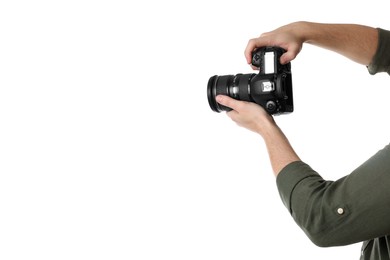 Photo of Photographer holding modern camera on white background, closeup