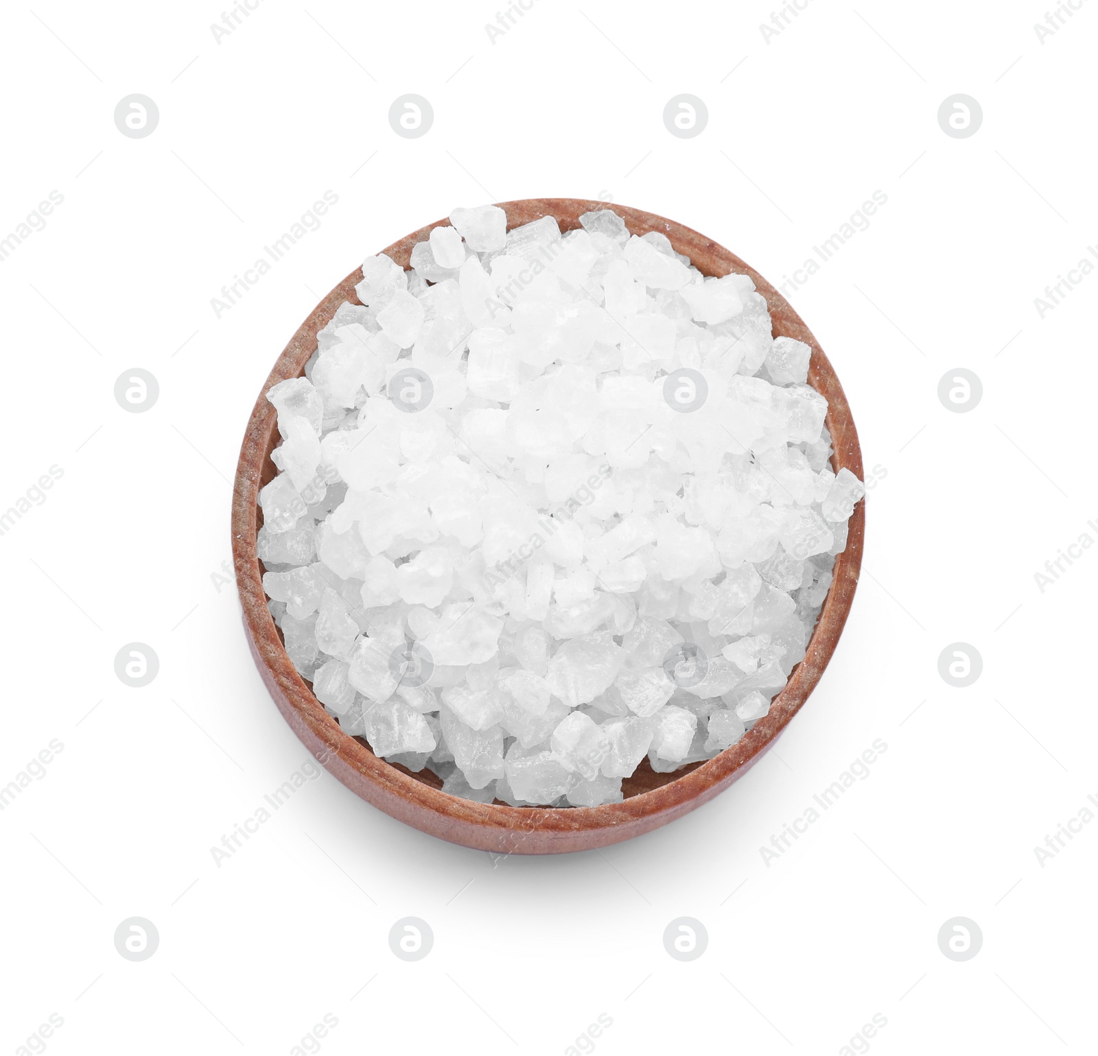 Photo of Wooden bowl with natural sea salt isolated on white, top view