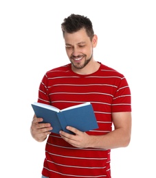 Photo of Handsome man reading book on white background