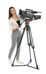 Photo of Operator with professional video camera on white background