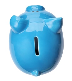 Blue piggy bank on white background, top view. Money saving