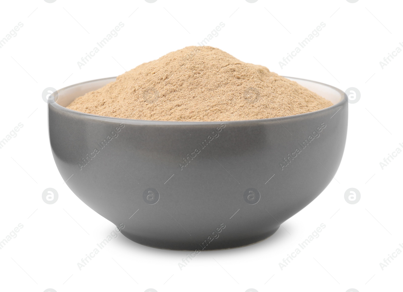 Photo of Dietary fiber. Psyllium husk powder in bowl isolated on white