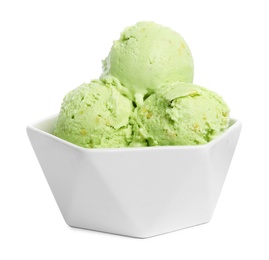 Bowl of delicious pistachio ice cream on white background