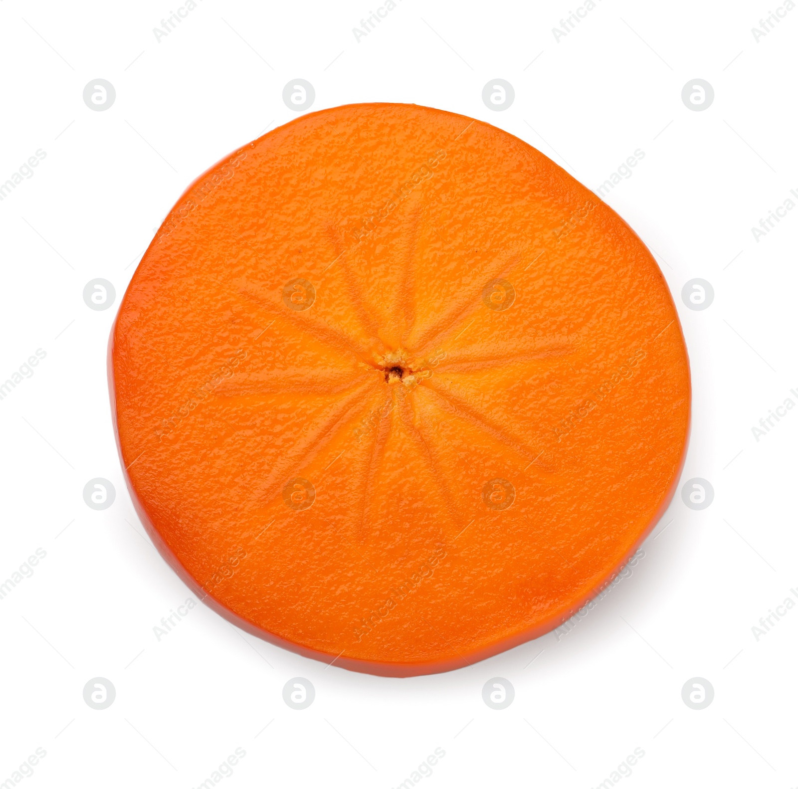 Photo of Half of delicious ripe juicy persimmon isolated on white, top view