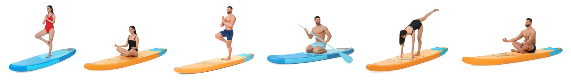 Collage with photos of young man and woman practicing yoga on sup boards isolated on white